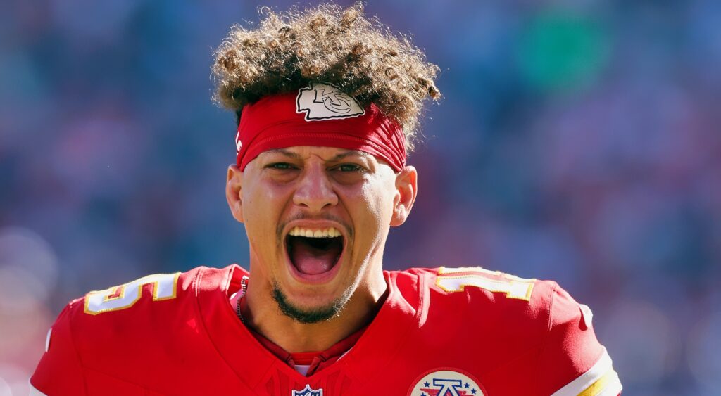 Patrick Mahomes in uniform and screaming