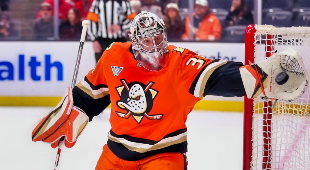 John Gibson of Anaheim Ducks making a save.