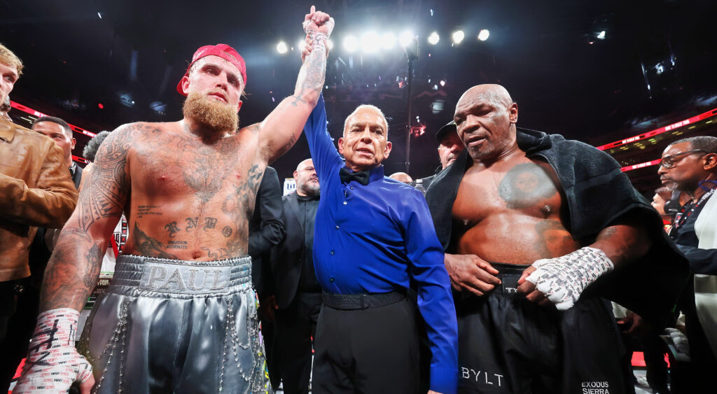 Jake Paul's hand being raised after Mike Tyson-Jake Paul fight