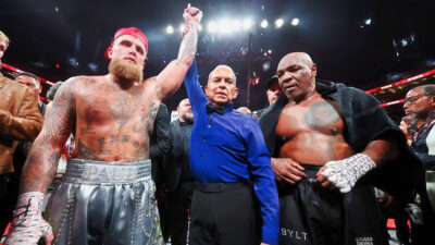 Jake Paul's hand being raised after Mike Tyson-Jake Paul fight