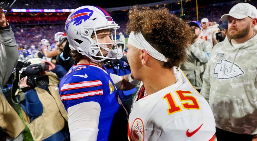 Josh Allen and Patrick Mahomes talk after Buffalo Bills and Kansas City Chiefs game.