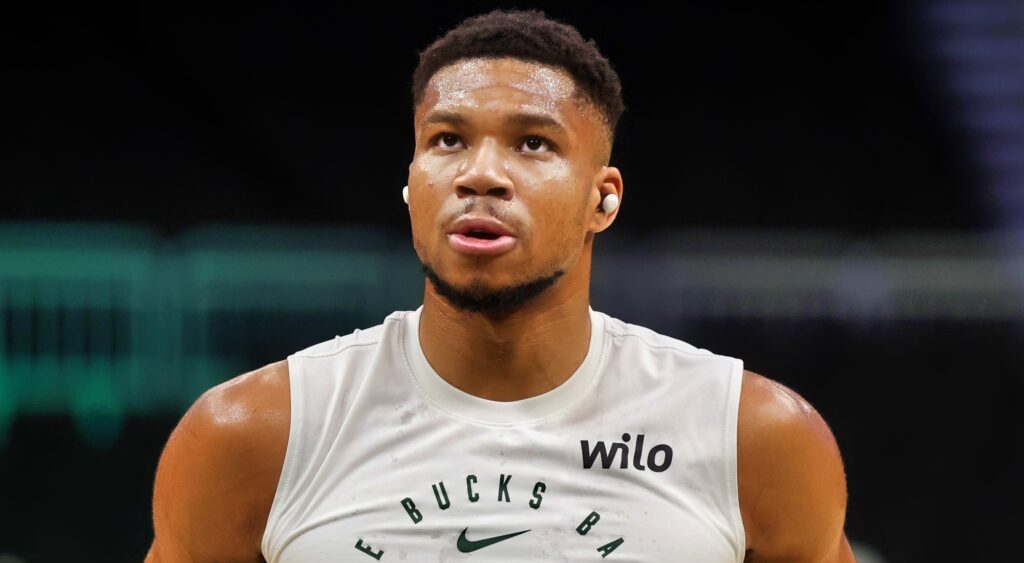 Giannis Antetokounmpo of Milwaukee Bucks looking on.