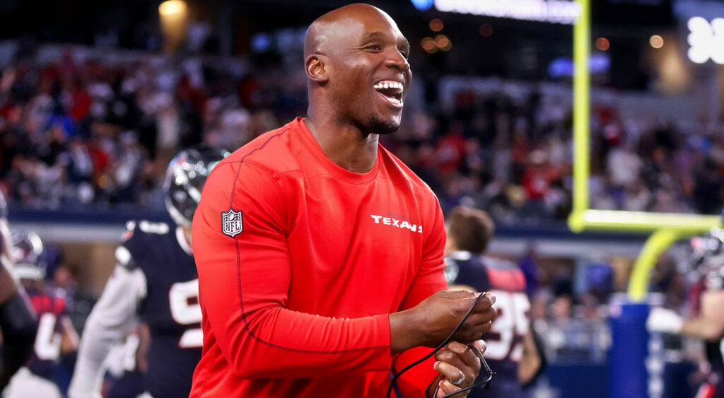 Houston Texans head coach Demeco Ryans laughing