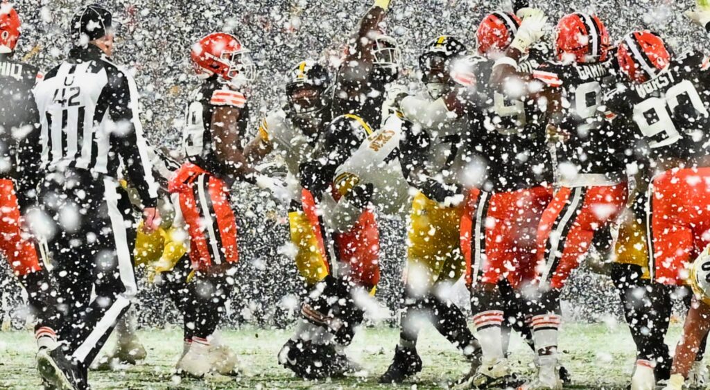 Pittsburgh Steelers vs. Cleveland Browns in the snow.