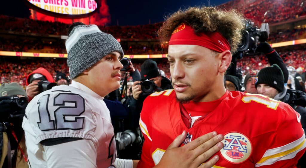 Aidan O'Connell and Patrick Mahomes speaking after game.