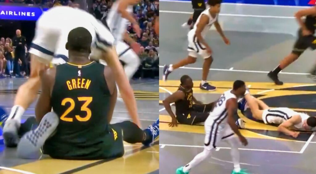 Draymond Green trapped Zach Edey's leg under his arm during the Warriors vs. Grizzles game.