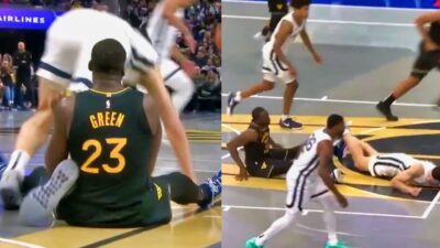 Draymond Green trapped Zach Edey's leg under his arm during the Warriors vs. Grizzles game.