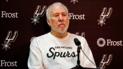 Gregg Popovich of the San Antonio Spurs speaks to the media after a game