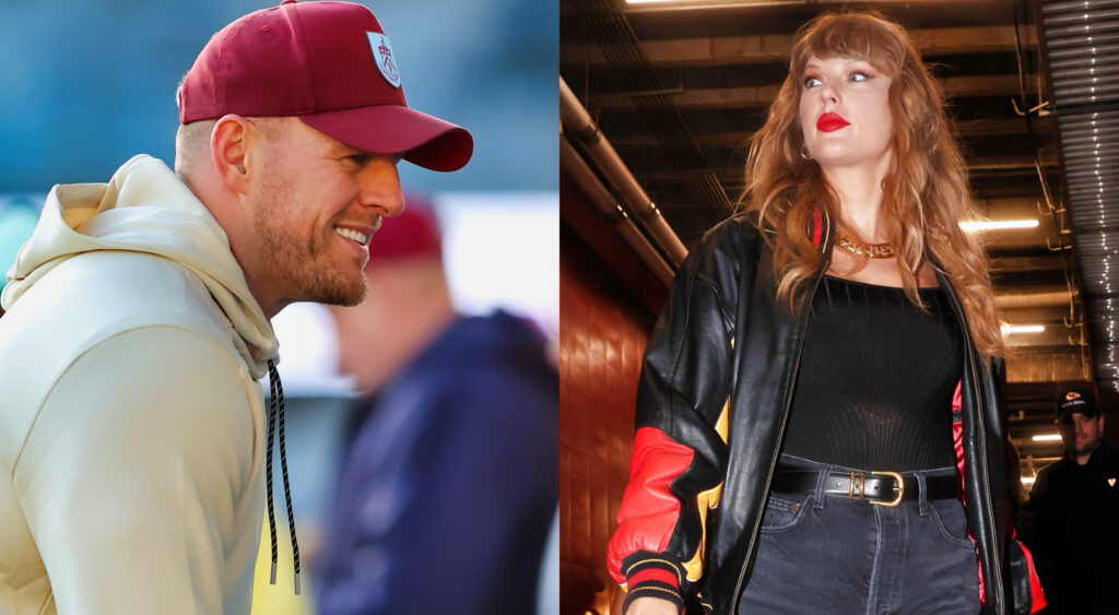 Photo of JJ Watt smiling and photo of Taylor Swift arriving at Chiefs game