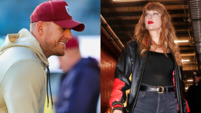 Photo of JJ Watt smiling and photo of Taylor Swift arriving at Chiefs game