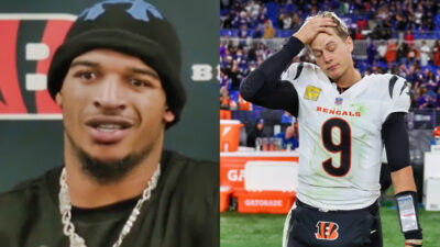 Ja'Marr Chase speaking to reporters (left), Joe Burrow with a hand on his head (left)