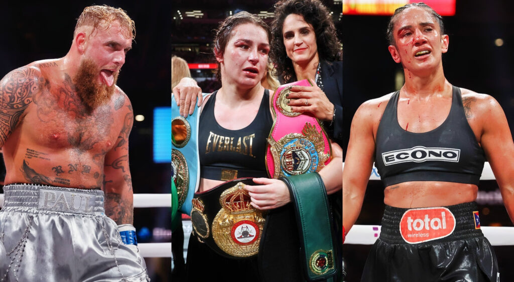 Photos of Jake Paul, Katie Taylor, and Amanda Serrano