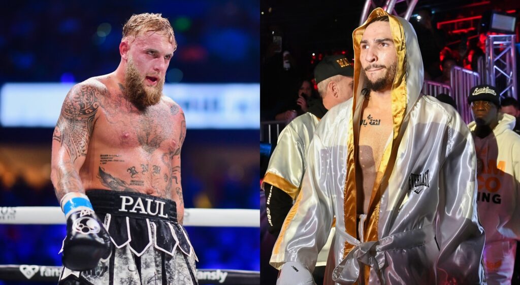 Jake Paul looks on during their cruiserweight fight against Mike Perry, and Nico Ali Walsh prepares to head to the ring