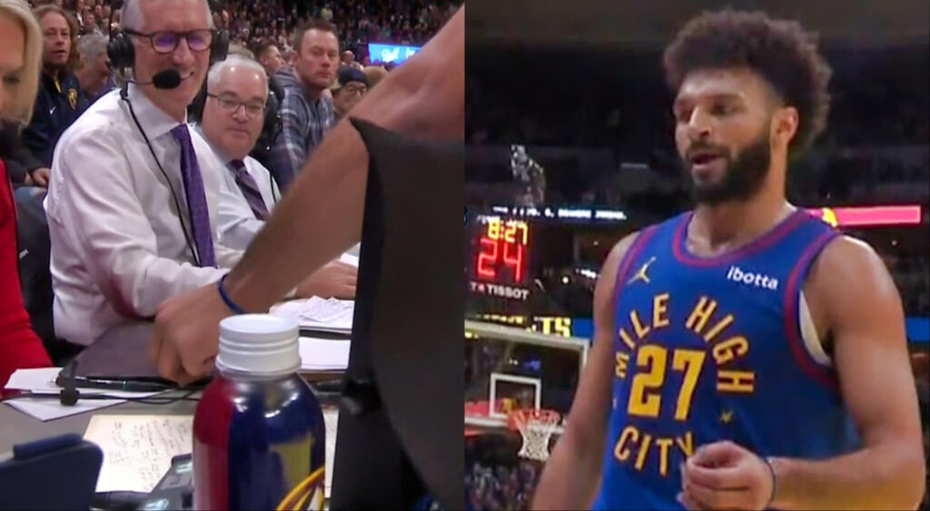 Jamal Murray hands a fly to Doris Burke during the game