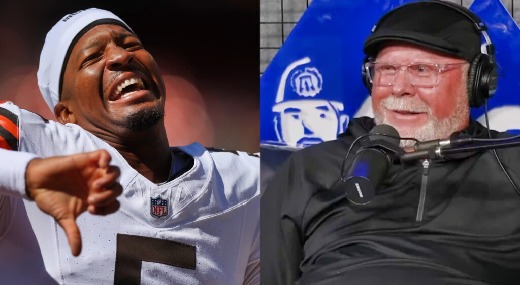 Photo of Jameis Winston making thumbs down gesture and photo of Bruce Arians smiling