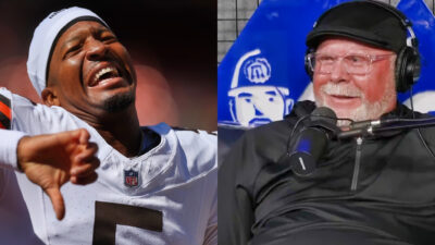 Photo of Jameis Winston making thumbs down gesture and photo of Bruce Arians smiling