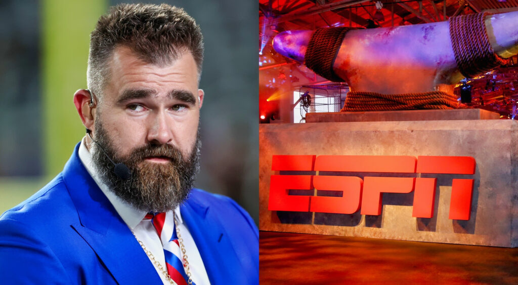 Photo of Jason Kelce in suit and photo of ESPN logo