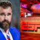 Photo of Jason Kelce in suit and photo of ESPN logo