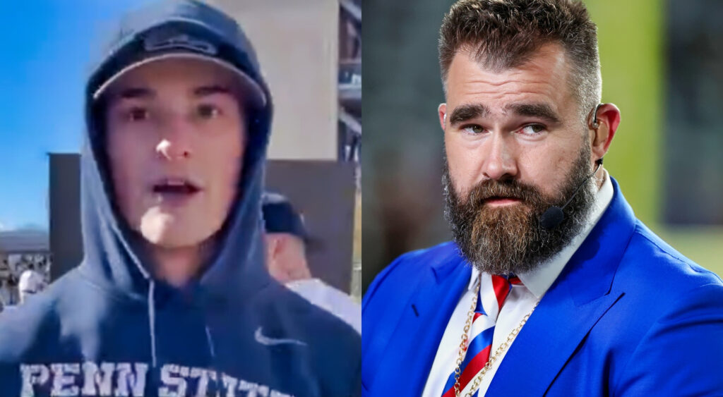 Photo of Penn State fan speaking and photo of Jason Kelce in blue suit