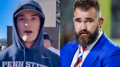 Photo of Penn State fan speaking and photo of Jason Kelce in blue suit