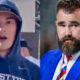 Photo of Penn State fan speaking and photo of Jason Kelce in blue suit