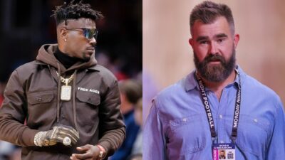 Jason Kelce in suit and Antonio Brown at NBA game