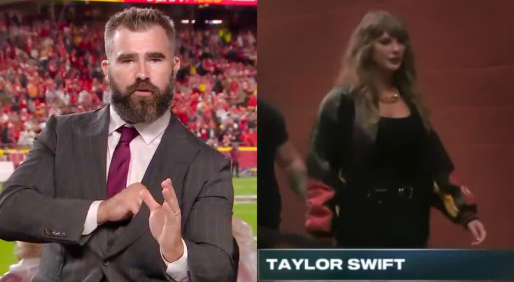 Photos of Jason Kelce and Taylor Swift during Monday Night Countdown