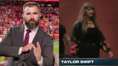 Photos of Jason Kelce and Taylor Swift during Monday Night Countdown