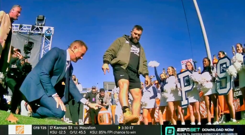 Jason Kelce attempting a field goal in Timbs