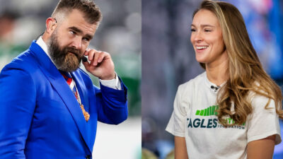 Photo of Jason Kelce in blue suit and photo of Kylie Kelce smiling