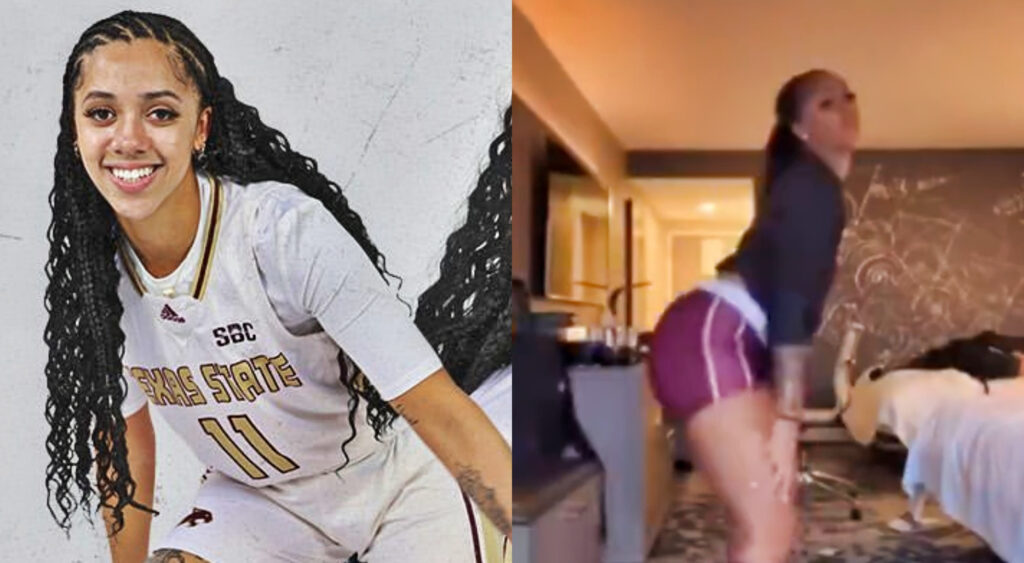 Photo of Jaylin FOster in Texas State uniform and photo of Jaylin Foster dancing