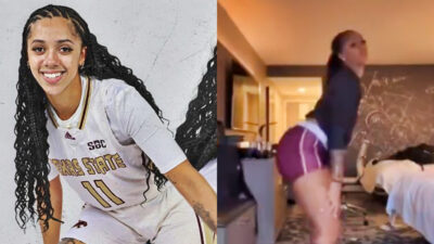 Photo of Jaylin FOster in Texas State uniform and photo of Jaylin Foster dancing