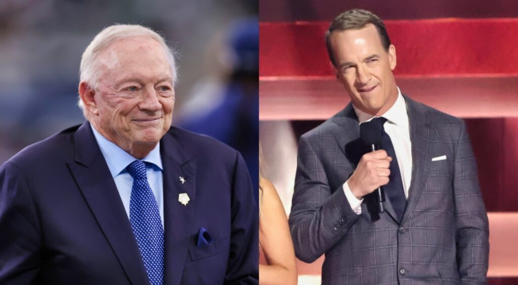 Jerry Jones smiling and Peyton Manning on stage at the CMAs