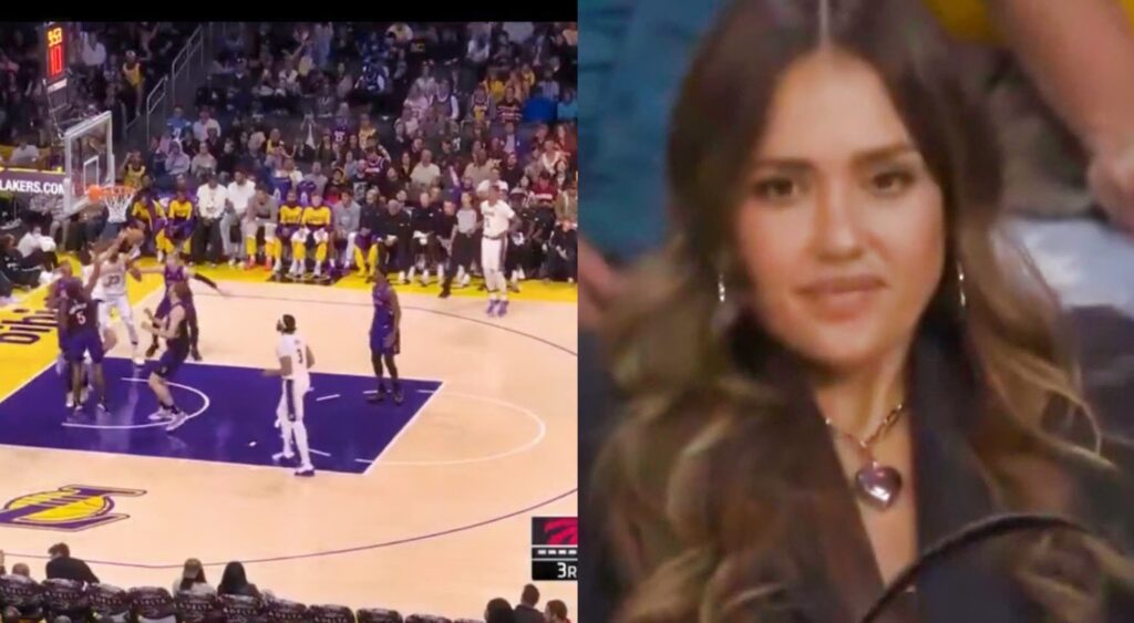 Jessica Alba in NBA Match of Los Angeles Lakers vs Toronto Raptors