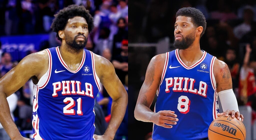 Joel Embiid of the Philadelphia 76ers, and Paul George of the Philadelphia 76ers