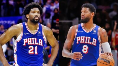 Joel Embiid of the Philadelphia 76ers, and Paul George of the Philadelphia 76ers