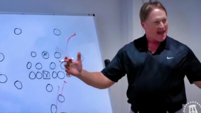 Jon Gruden in front of whiteboard