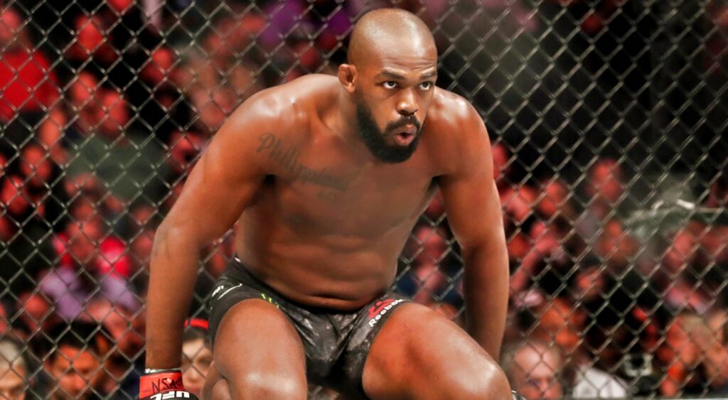 Jon Jones of the United States looks on prior to his UFC Light Heavyweight Title bout against Thiago Santos of Brazil