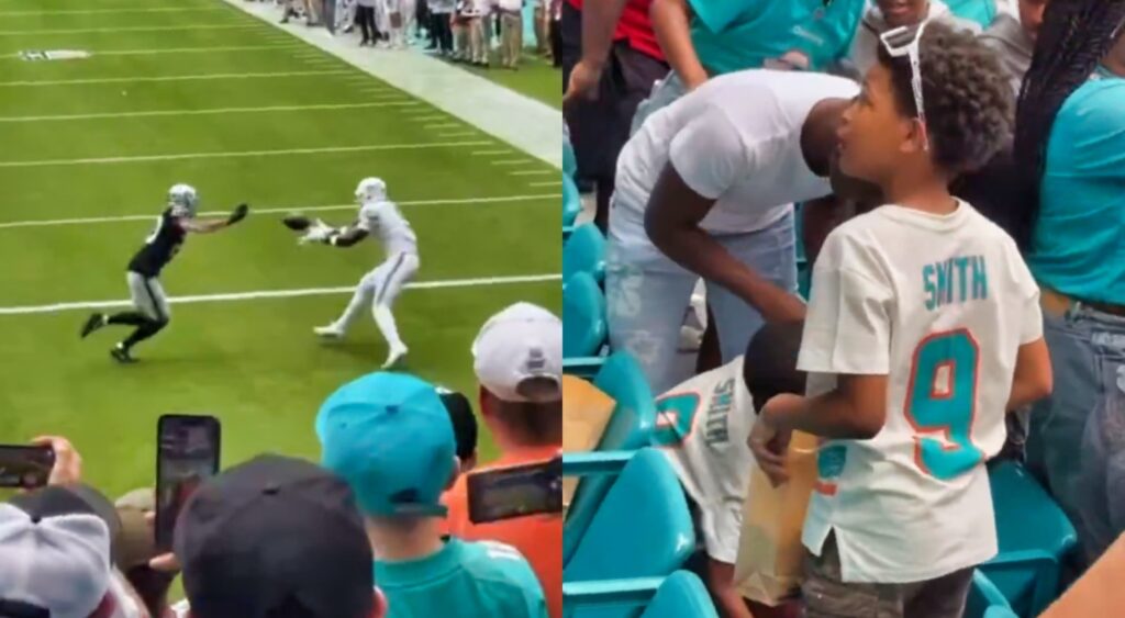 Jonnu Smtih catching a football and his family in the stands