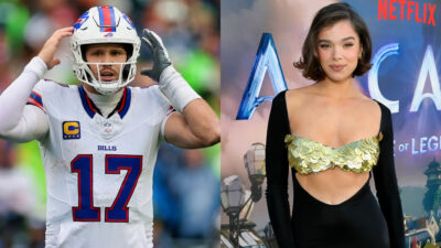 Josh Allen holding helmet (left) and Hailee Steinfeld in revealing outfit (right)