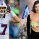 Josh Allen holding helmet (left) and Hailee Steinfeld in revealing outfit (right)