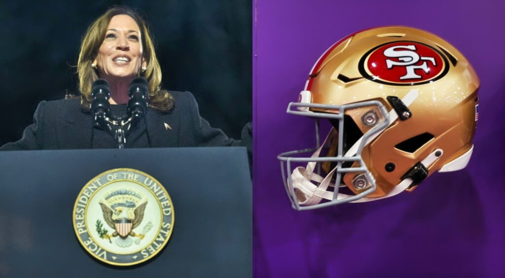 Kamala Harris at rally and 49ers helmet