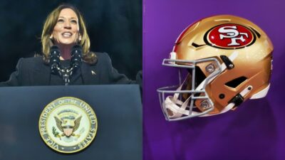 Kamala Harris at rally and 49ers helmet