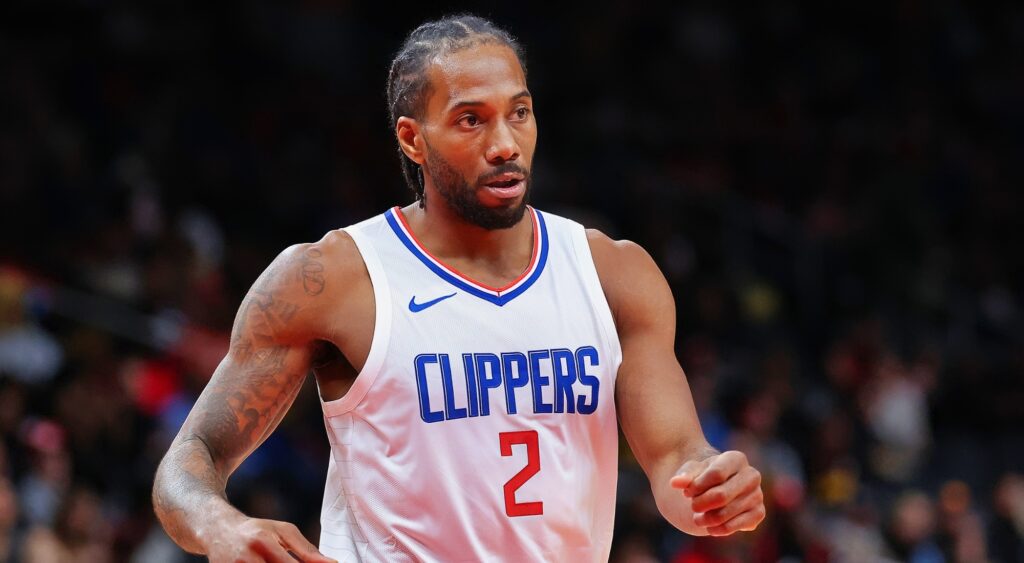 Kawhi Leonard of the LA Clippers reacts after hitting a three-point basket 