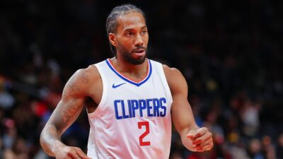 Kawhi Leonard of the LA Clippers reacts after hitting a three-point basket