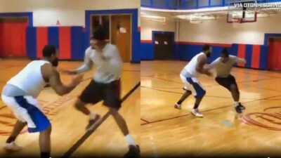 Kevin Durant facing off against former NFL player Devin Tyler