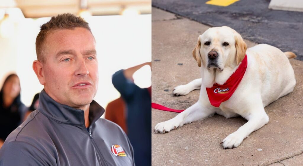 Kirk Herbstreit and Ben the dog at Raising Canes