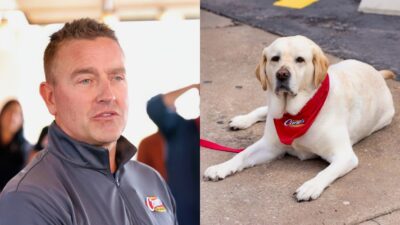 Kirk Herbstreit and Ben the dog at Raising Canes