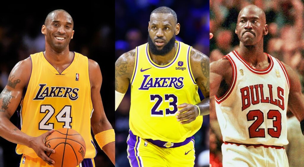 Kobe Bryant of the Los Angeles Lakers, LeBron James #23 of the Los Angeles Lakers and Michael Jordan of the Chicago Bulls