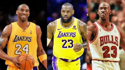 Kobe Bryant of the Los Angeles Lakers, LeBron James #23 of the Los Angeles Lakers and Michael Jordan of the Chicago Bulls